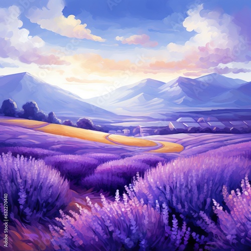 a painting of a lavender field with mountains in the background.  generative ai © Anna