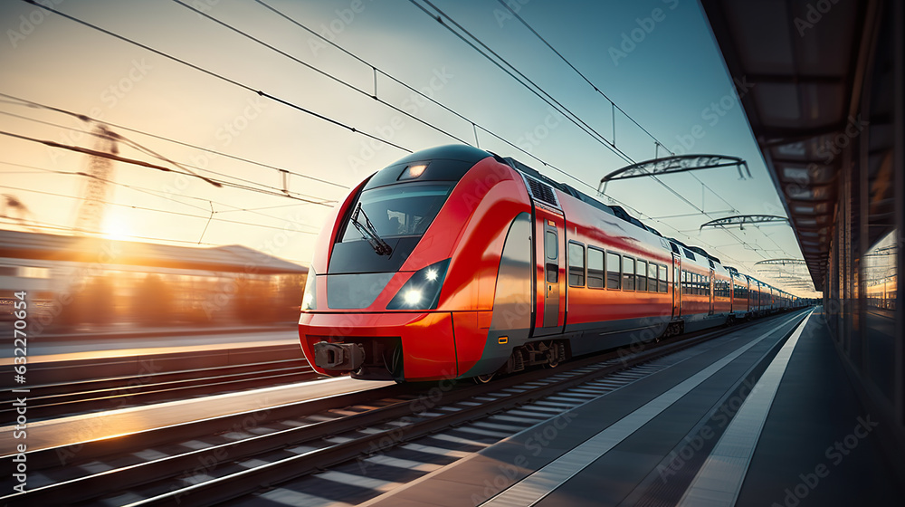 Fototapeta premium Beautiful Railway Station with Modern Red Commuter Train Basking in the Sun. created with Generative AI
