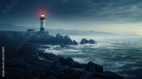  a light house on a rocky cliff by the ocean at night. generative ai