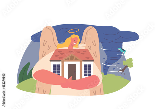 Angel Keeper Character Protect Home. Guardian Safeguard House, Offering Comfort And Protection To Residents