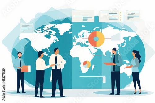 Business illustration template with copy big space. The manager points to the text. The team sits around the round table.  illustration  Generative AI