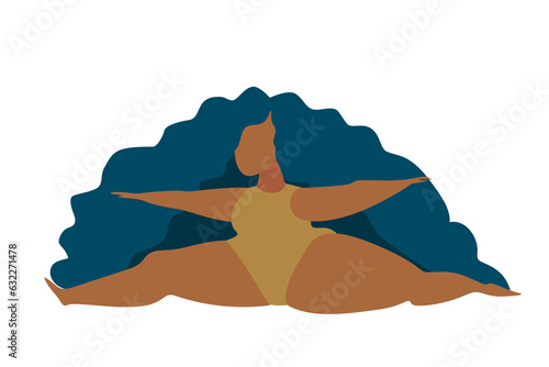 Fat African girl making splits. Curvy woman. Plus size model in swimming suit do sports. Body positive. Chubby female body hand drawn vector illustration
