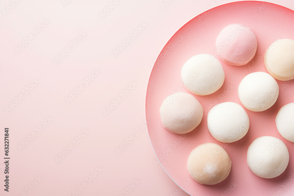 Fototapeta premium Top view of Japanese Mochi sweets, a cake made of mochigome rice