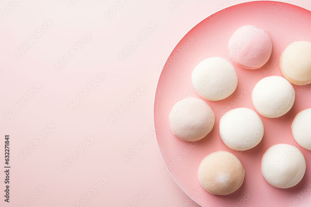 Top view of Japanese Mochi sweets, a cake made of mochigome rice