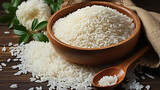 Turkish raw white rice grains with burlap sack in wooden spoon on wooden background, Generative AI