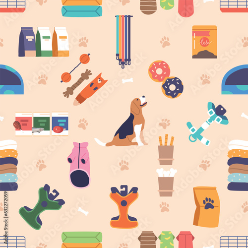 Playful Seamless Pattern With Pet Store Items Featuring Colorful Accessories Like Toys, Harness, Clothes, Collars