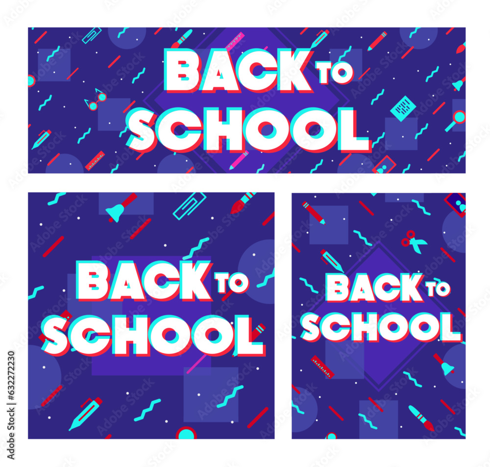 Back to school banner set modern typography with school supplies such us alarm, computer, pen, pencil, lens on blue background for social society. Vector 10 eps Back to school banner set modern typography with school supplies such us alarm, computer, pen, pencil, lens on blue background for social society. Vector 10 eps