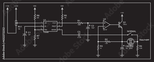Schematic diagram of electronic device.
Vector drawing electrical circuit with resistor, 
operational amplifier, transistor, capacitor, servo motor
and other electronic components.