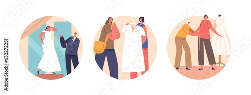 Isolated Round Icons Or Avatars Of Women Select And Try On Wedding Dress At Salon. Female Characters Vector Illustration