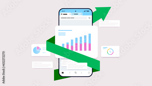 Phone screen with rising chart - Smartphone with green arrow pointing up and rising diagram and graphs. Grows and success concept. Flat design vector illustration