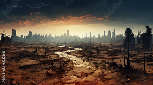 Walking through a Dead Cityscape of Ruined Structures City's Desolate Wasteland. Generative AI