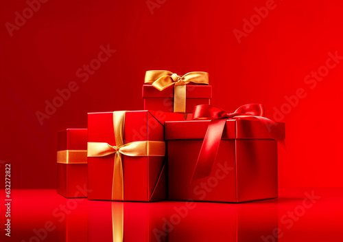 Christmas gift in red paper isolated at red background. Gift box.