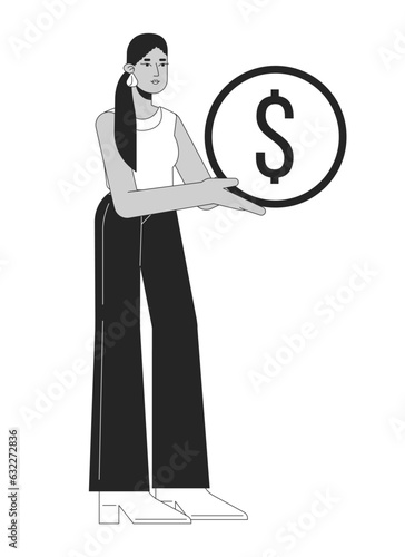 Attractive latina woman holding golden coin flat line black white vector character. Editable outline full body person saving money. Simple cartoon isolated spot illustration for web graphic design