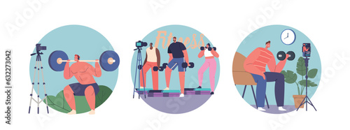 Isolated Round Icons or Avatars of Power Exercise Tutor Characters Conduct Dynamic Workouts, Offering Motivational Tips