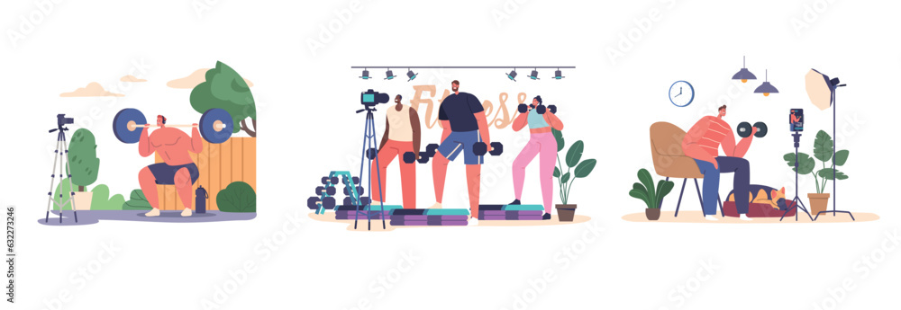 Characters Host A Power Exercise Vlog, Showcasing Dynamic Workouts, Offering Motivational Tips, Vector Illustration