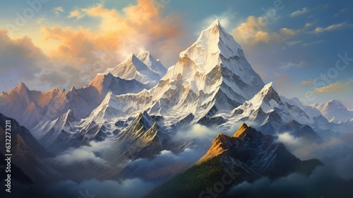  a painting of a mountain range with clouds in the foreground. generative ai