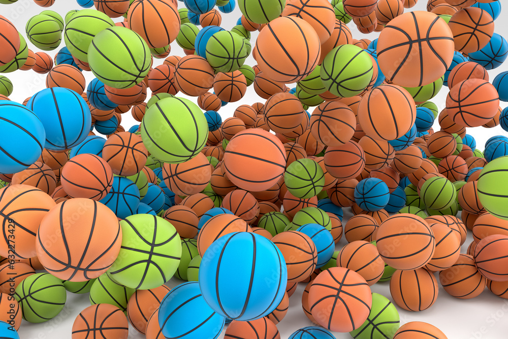 Many of flying multicolor basketball ball falling on white background