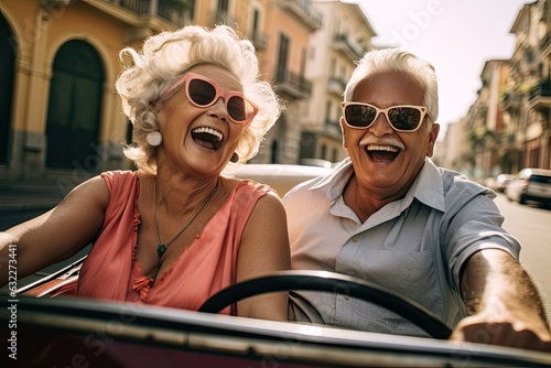 Happy old couple driving an old timer through an Italian town on their vacation.