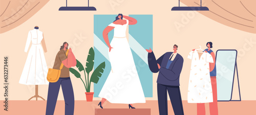 Woman Character Excitedly Tries On Various Dresses In The Wedding Salon, Seeking The Perfect One For Special Day