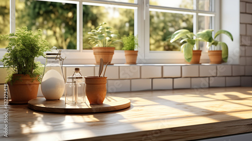 Kitchen Serenity, White Sink Window Creates a Tranquil Ambiance for the Wooden Table. Generative AI