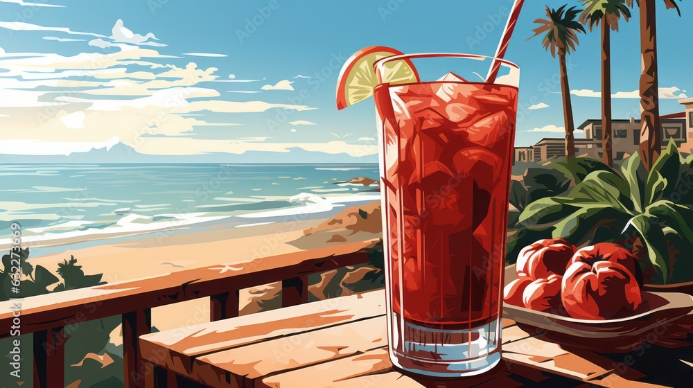 Сocktail Bloody Mary in glass on table of open restaurant on the beach. Delicious tomato bloody mary cocktail illustration. Side view. illustration Ai generated - obrazy, fototapety, plakaty 