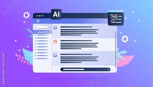 Ai chat window vector - Decorative illustration of abstract artificial intelligence text dialogue technology. Semi flat design on purple background