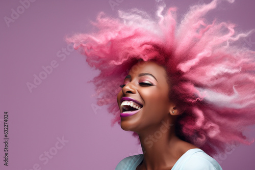 Smiling beautiful woman with pink afro hair with copy space