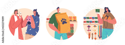 Isolated Round Icons or Avatars of the Owners And their Pets Explore A Store Together, Browsing Food, Clothes