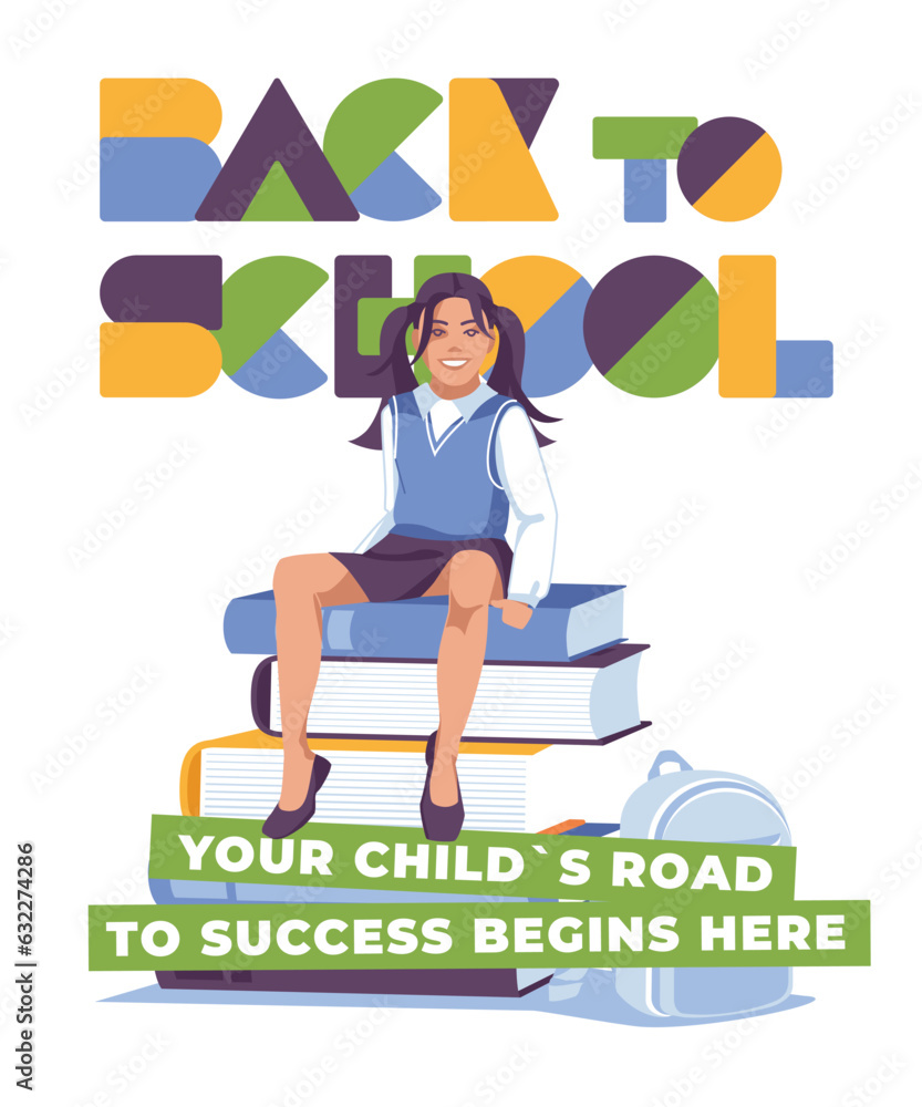 young schoolgirl sitting on a large set of books with a backpack on the background of the text. Advertisement young schoolgirl sitting on a large set of books with a backpack on the background of the text. Advertisement