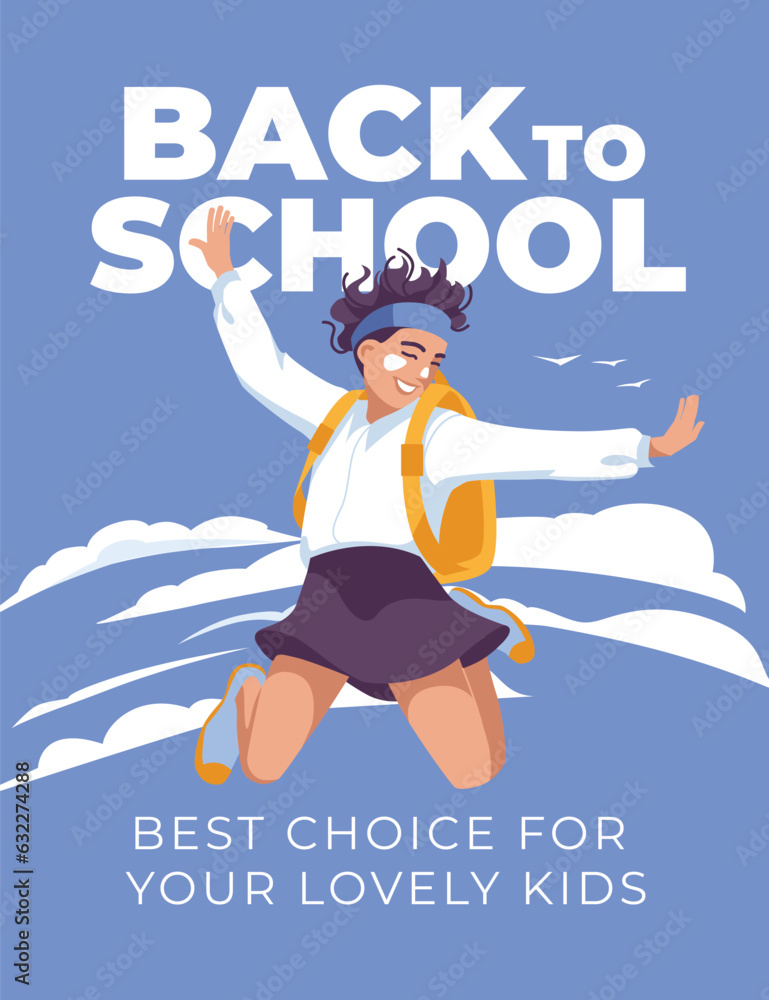 a young schoolgirl is flying against a background of a blue sky with clouds. Advertisement 