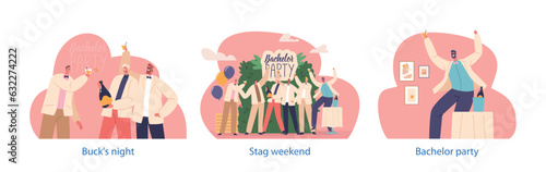 Isolated Elements with Male Characters Celebrate Bachelor or Stag Party. Buck Night Organized By The Groom-to-be