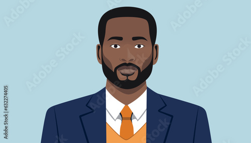 Black businessman portrait vector - Illustration of handsome man in sharp clothes, face and upper body, looking in camera with serious face expression. Flat design
