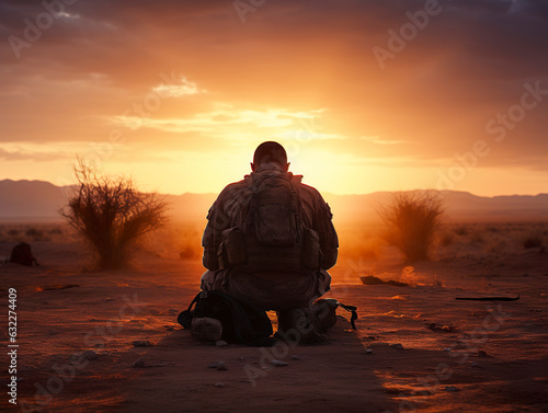 Amidst the desert's vast expanse, an American soldier bows in prayer, seeking solace and strength in a landscape of both challenge and reverence. Generative AI photo