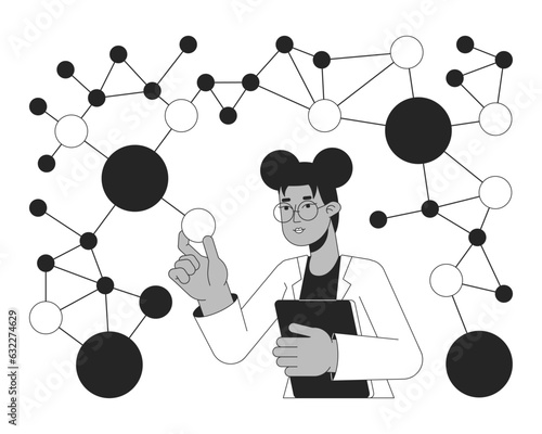 Scientist studying molecules bw concept vector spot illustration. Atomic, molecular physicist 2D cartoon flat line monochromatic character for web UI design. Editable isolated outline hero image