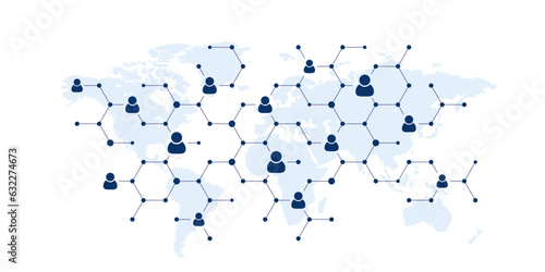 Social user network, people network illustration. Dots connected lines create network with world map background
