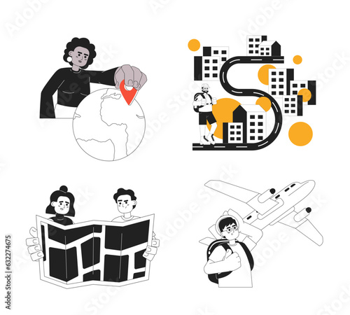 Tourists travelling 2D vector monochrome isolated spot scenes pack. Happy flat hand drawn travelling characters going on vacation, planning trip on white background. Editable outline cartoon scene