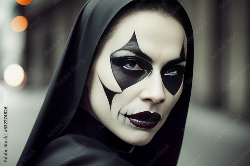 Halloween. close-up portrait of a nun in terrible makeup, black eyes, black clothes, horror Halloween. close-up portrait of a nun in terrible makeup, black eyes, black clothes, horror