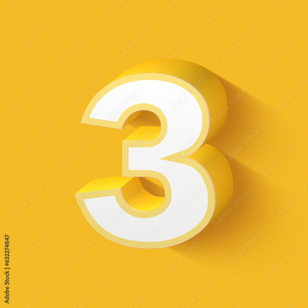 set of white 3d numbers on yellow background, 3d rendering, three set of white 3d numbers on yellow background, 3d rendering, three