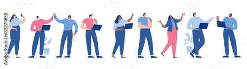 Office people cartoon characters - Funny happy businesspeople working, smiling and cheering. Unproportional flat design vector style with small heads
