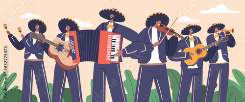 Lively Mariachi Musician Characters Band Playing Traditional Mexican Instruments Like Trumpets, Violins, And Guitars