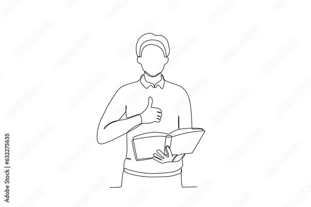 A male teacher holding a book with a thumbs up. World teacher day one-line drawing