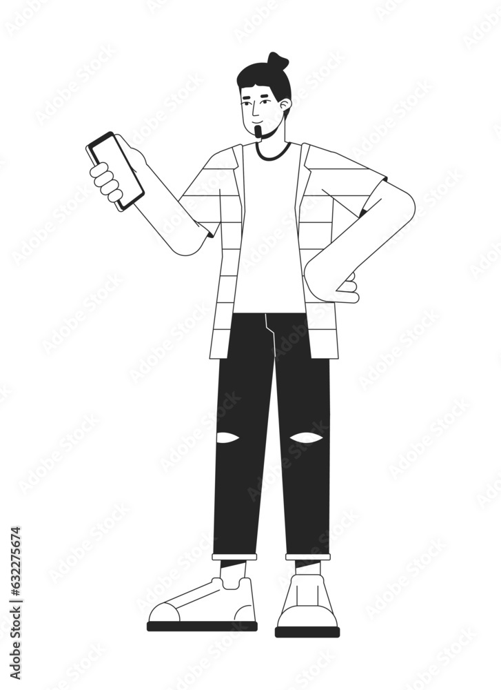 Caucasian man holding smartphone flat line black white vector character. Editable outline full body person. Millennial working on phone simple cartoon isolated spot illustration for web graphic design