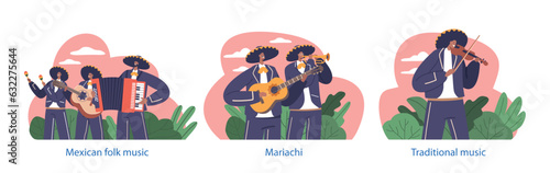 Isolated Elements with Mariachi Musician Band Playing Traditional Mexican Instruments Like Trumpet, Violin, Maracas