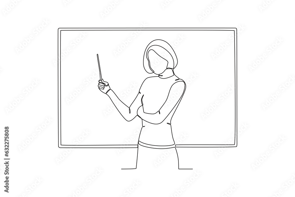 A short-haired teacher teaches in class. World teacher day one-line drawing A short-haired teacher teaches in class. World teacher day one-line drawing