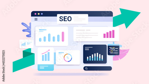 SEO analytics and growth - Rising charts and and search engine optimisation design elements. Semi flat vector illustration with beige background photo