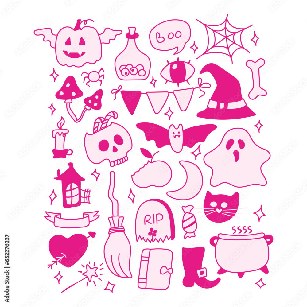 Bright pink elements for Halloween design stickerpack. Pumpkin, Skull, Ghost, Gravestone, Spider, Candy, Broom, Hat, Eye, Potion, Bone, and more. Halloween labels, icons and objects. Happy holiday. Bright pink elements for Halloween design stickerpack. Pumpkin, Skull, Ghost, Gravestone, Spider, Candy, Broom, Hat, Eye, Potion, Bone, and more. Halloween labels, icons and objects. Happy holiday.