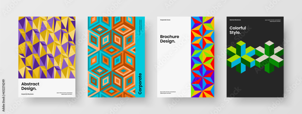 Multicolored geometric tiles banner illustration composition. Premium flyer vector design template set.