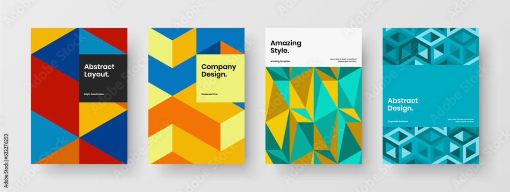 Multicolored geometric tiles corporate brochure illustration composition. Colorful front page vector design template set.