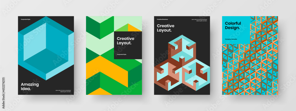 Vivid mosaic hexagons company brochure layout collection. Original postcard A4 vector design template set.