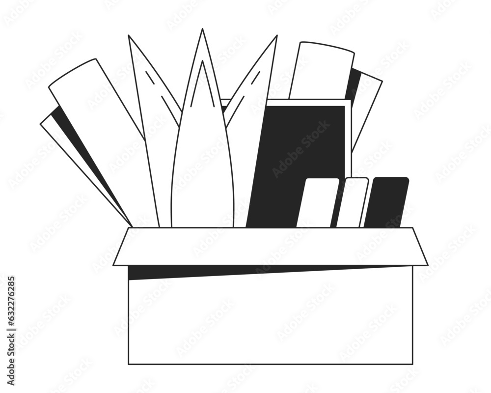 Fired box flat monochrome isolated vector object. You are fired. Belongings in box. Dismissal day. Editable black and white line art drawing. Simple outline spot illustration for web graphic design Fired box flat monochrome isolated vector object. You are fired. Belongings in box. Dismissal day. Editable black and white line art drawing. Simple outline spot illustration for web graphic design